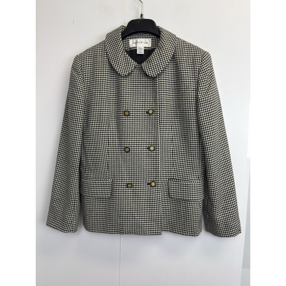 JONES NEW YORK Houndstooth Wool Blazer Jacket Womens 12 Double Breasted Made USA